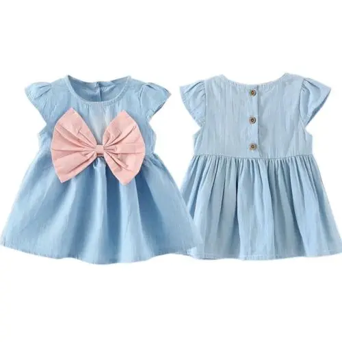 Прелестные детские для маленьких девочек платье принцессы с бантом джинсовое