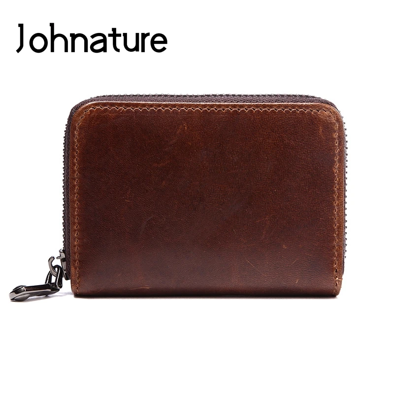 

Женский винтажный кошелек для кредитных карт Johnature, однотонный кошелек из натуральной воловьей кожи, на молнии, с отделением для монет, 2021