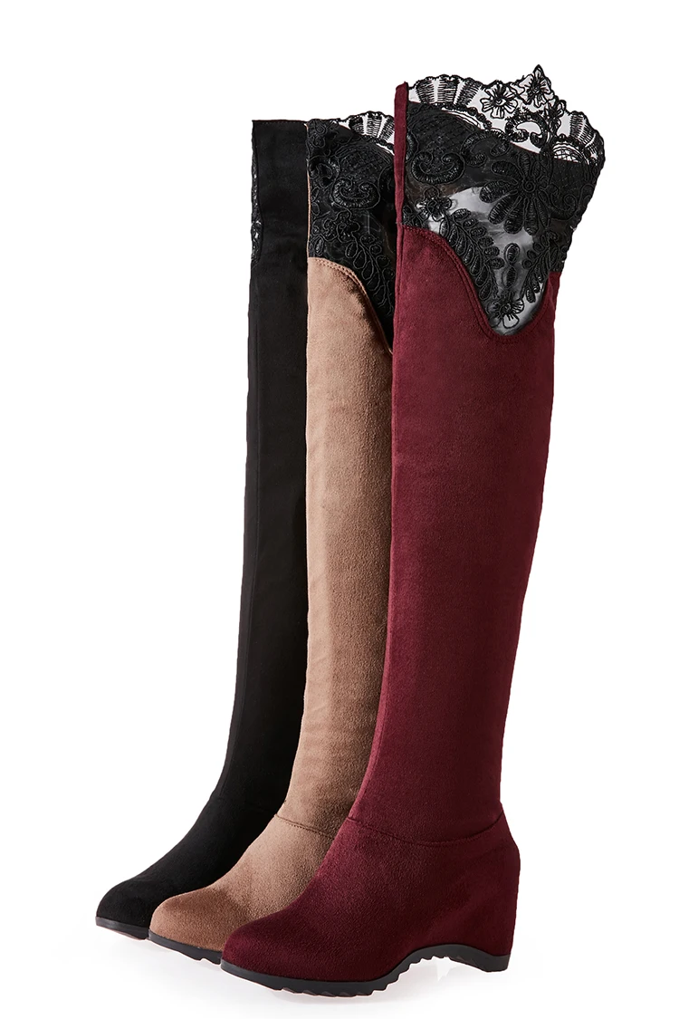 Autumn Winter Women's Suede Over The Knee Long Boots Plus Size Sweet Lace Lady Height Increasing Spring Thigh High | Обувь