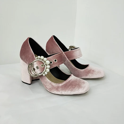 Pink Heel 8cm Г. Модные черные туфли-лодочки персиковые замшевые туфли мэри джейн на высоком каблуке с квадратным носком и жемчугом женская обувь, размер 4, 34, 3 дюйма, со стразами - Цвет: Pink Heel 8cm