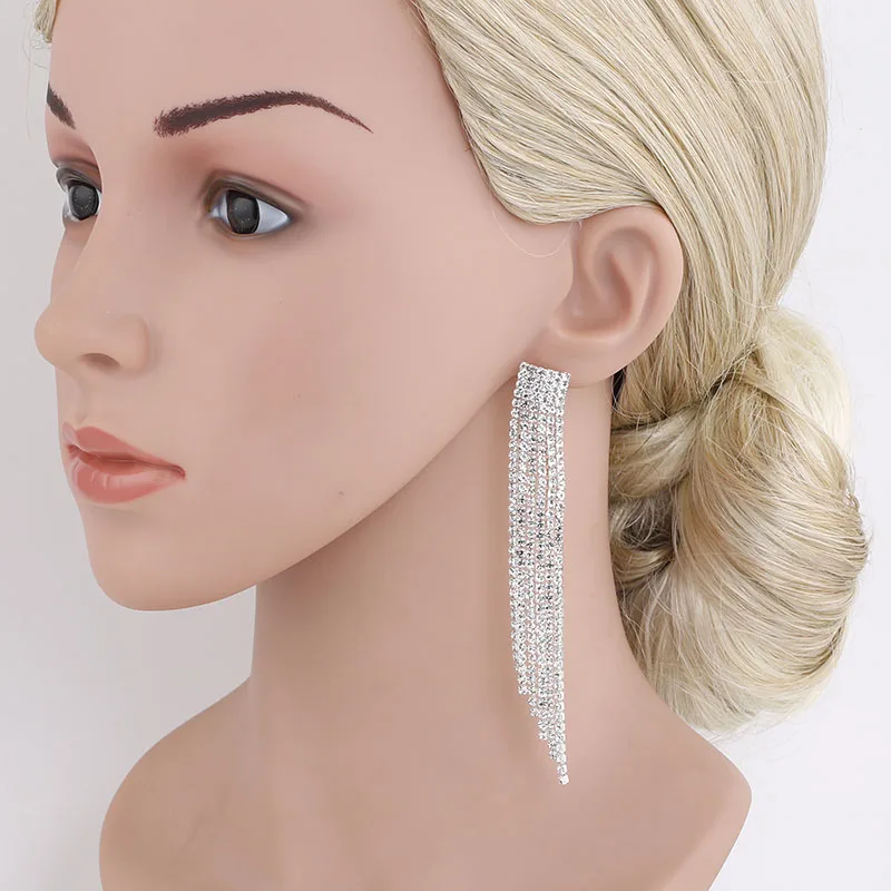 TREAZY Crystal Long Tassel Wedding Earrings Silver Color Rhinestone Bridal Brincos 2017 Women Engagement Jewelry Accessories | Украшения и