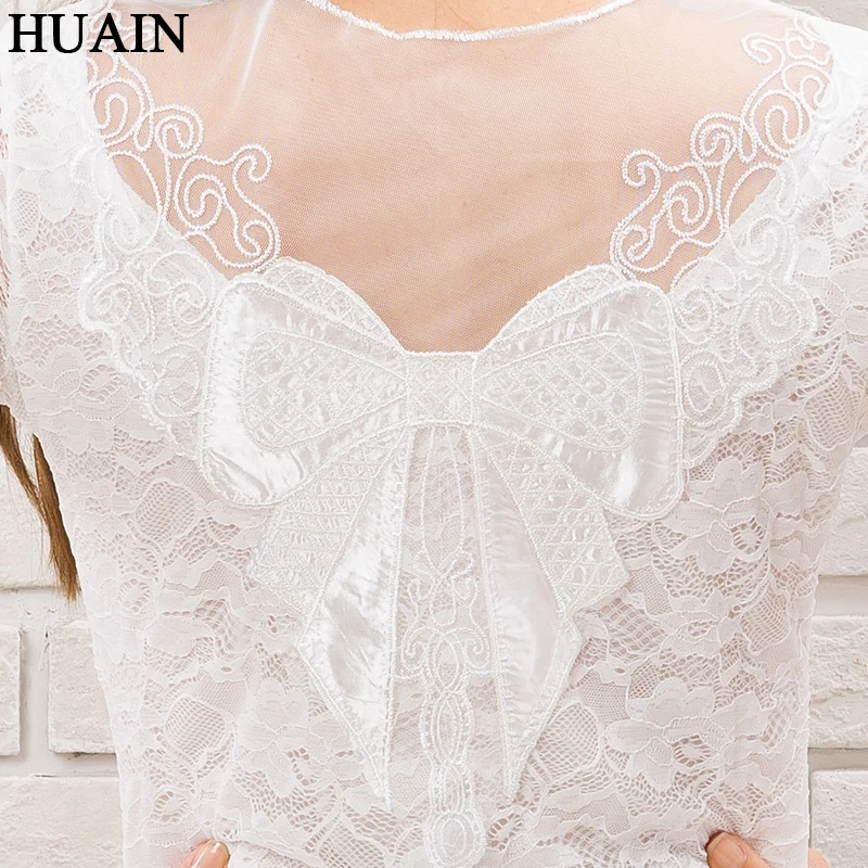 Женская кружевная рубашка белая прозрачная блузка с длинным рукавом и 3d вышивкой