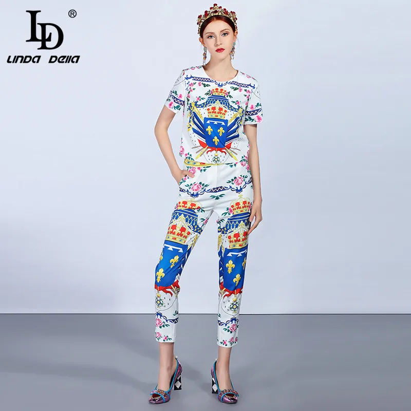 Многоцветный LD LINDA делла Мода Подиум женский костюм наборы пуловер Топ и повседневный винтажный цветочный принт брюки костюм комплект из двух предметов - Цвет: Многоцветный