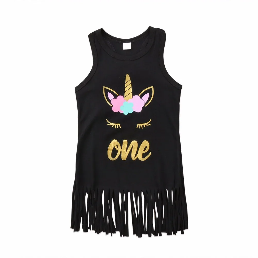 Pretty Baby Girls Dress ONLY One Latest Cotton Black Unicorn Tassel Sleeveless Dresses Kids Casual Party Clothes | Детская одежда и