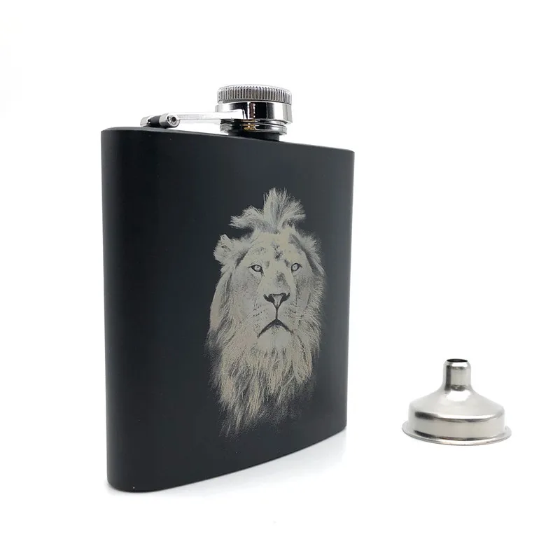 Черная фляжка King Lion 6 унций из нержавеющей стали, именная фляжка для спирта, ром, ликера, лазерная гравировка, Лев с одной воронкой