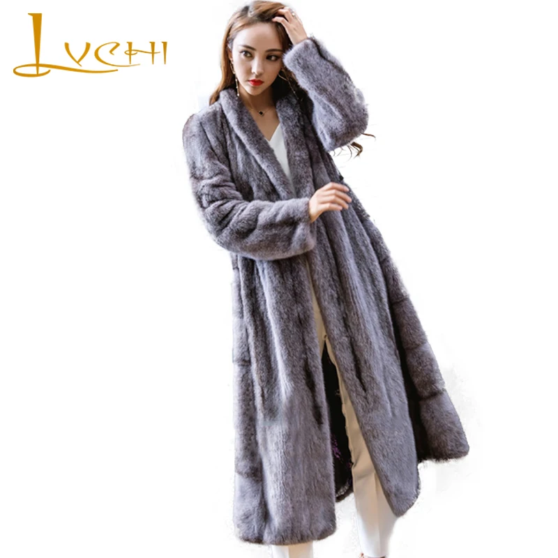 

LVCHI Winter 2019 Import Cross Mink Fur Coats Women's Full Sleeve Mink Coat Full Pelt Causal V-Neck Slim X-Long Mink Fur Coats