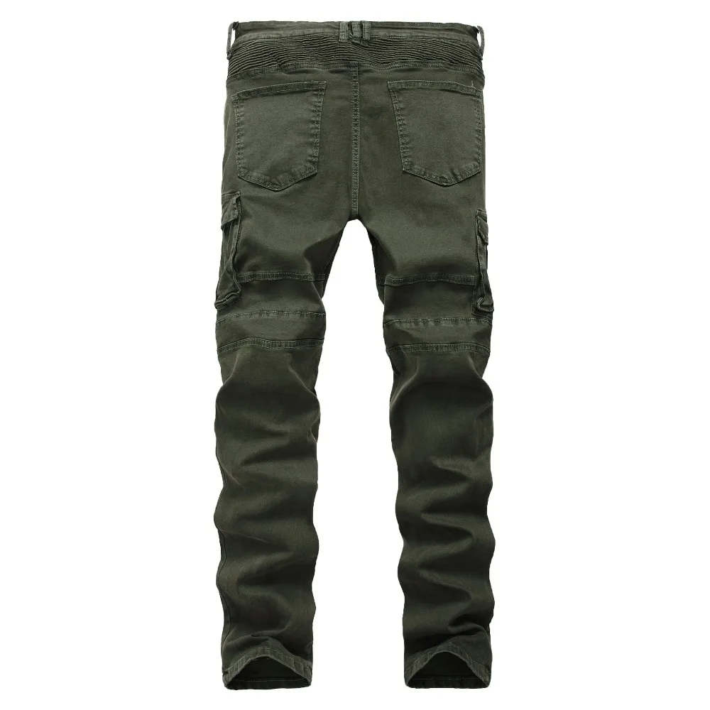 Мужские обтягивающие рваные байкерские джинсы зеленые брюки карго с множеством