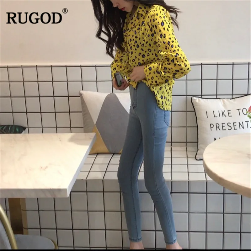RUGOD/желтые блузки с леопардовым принтом элегантные рубашки отложным воротником