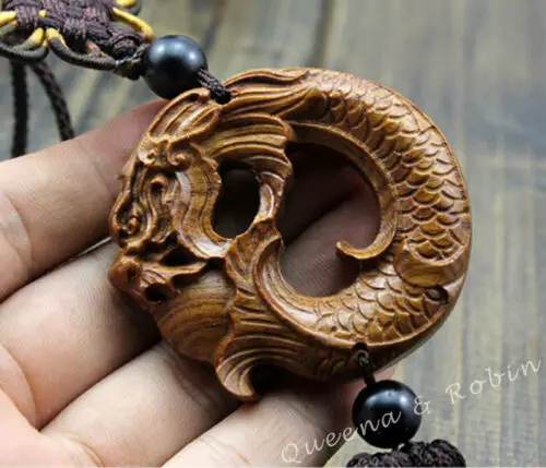 Wood Carved Chinese Dragon Carp Statue Car Pendant Amulet Sculpture Wooden Craft