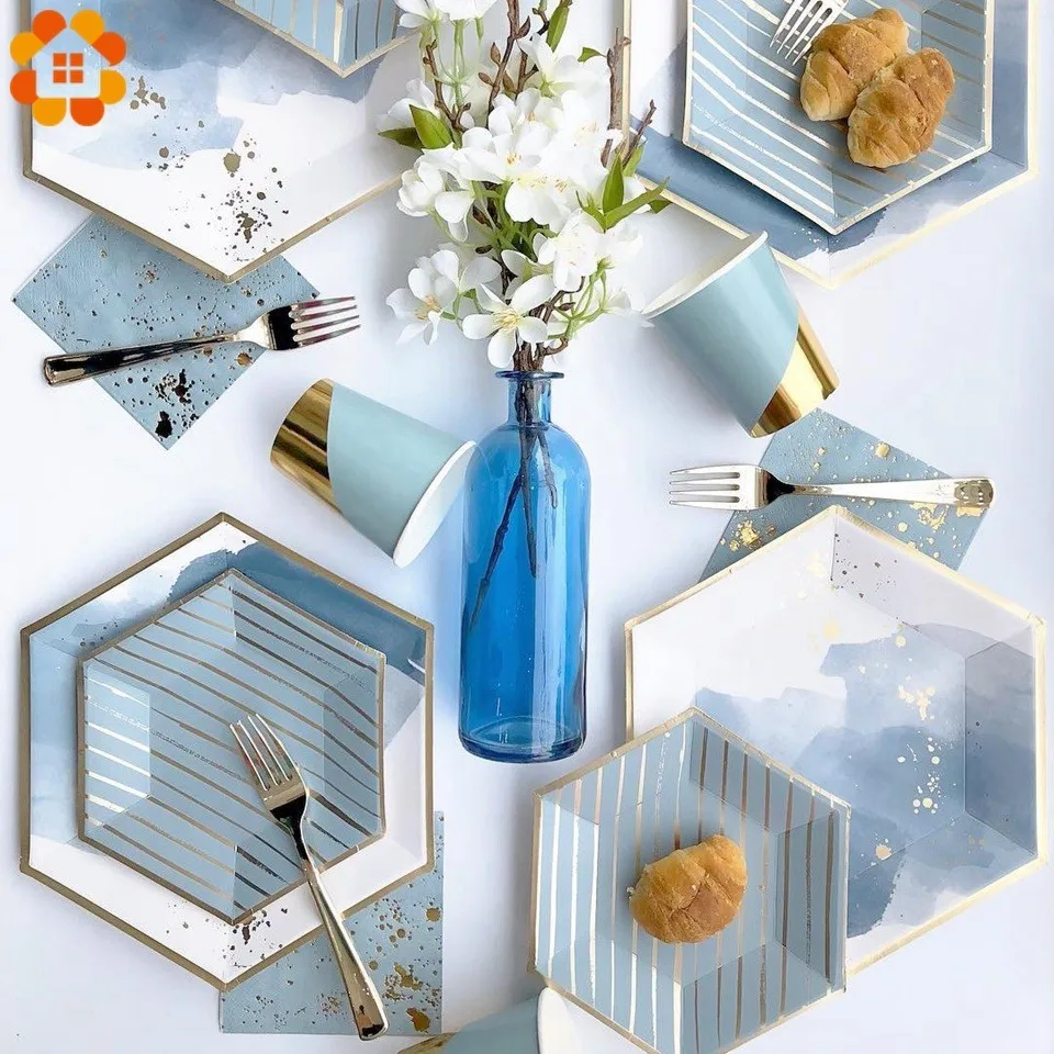 Полосатая одноразовая посуда серии Blue сделай сам позолоченные бумажные тарелки