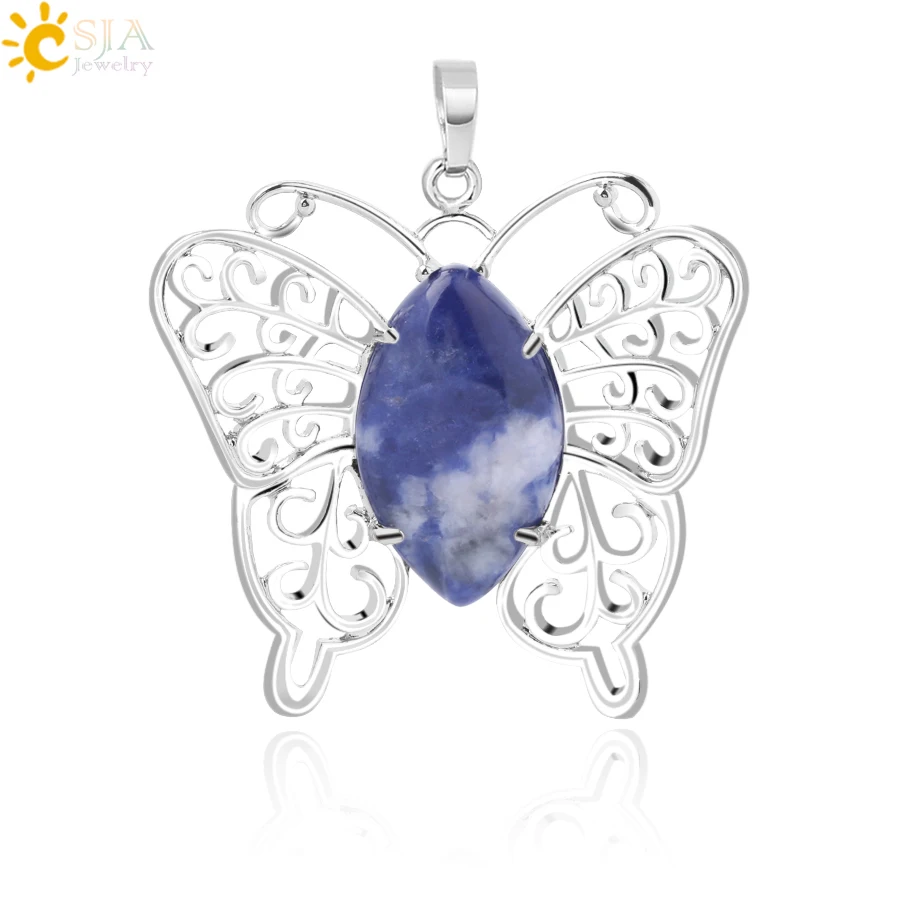 CSJA кулон в виде бабочки, натуральный кристалл, полые крылья, подвески в виде животных для DIY, ожерелье, конский глаз, драгоценный камень, женские очаровательные ювелирные изделия F768