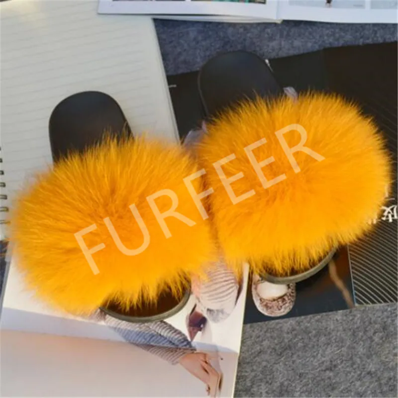 Прямая поставка женские летние тапочки с лисьим мехом шлепанцы на меху сандалии