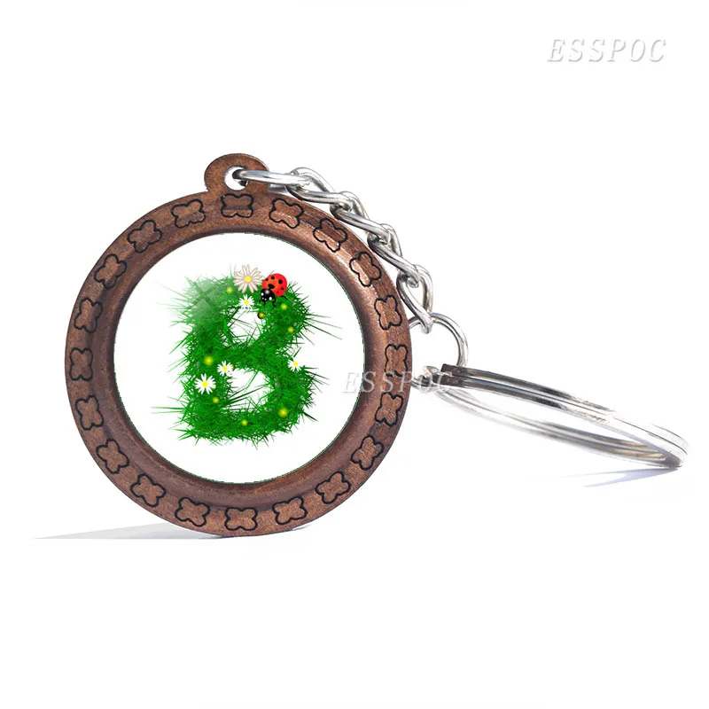 26 Letters A-Z Wooden Key Chain Round Glass Cabochon Jewelry Letter Creative Pendant Fashion Accessories Keychain Birthday Gifts | Украшения