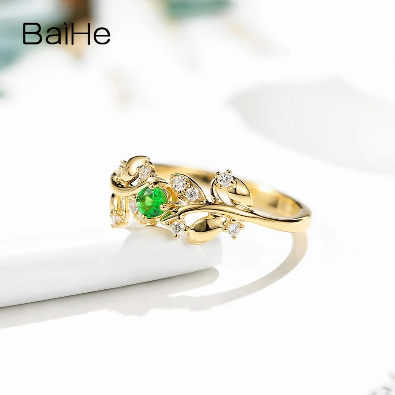 BAIHE Твердые 14 К желтого золота(AU585) 0.12ct натуральная натуральный цаворит и Алмазы обручальные для женщин ювелирные украшения подарок кольцо