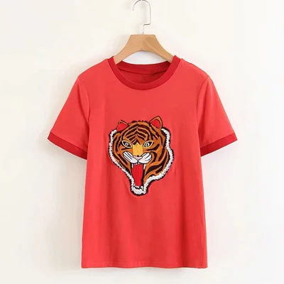Красный Винтаж тигра печати Graphic Tee Футболка короткий рукав с круглым вырезом летняя уличная Chic Повседневное Топы Для женщин красный Женская одежда футболка - Цвет: Красный