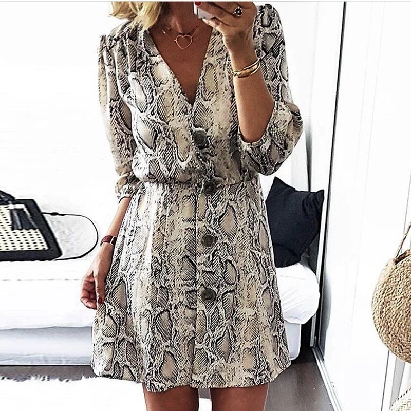 Snakeskin Printed High Street A-line Dress Women Autumn V-neck Half Sleeve Button Casual Elegant Mini Vacation | Женская одежда