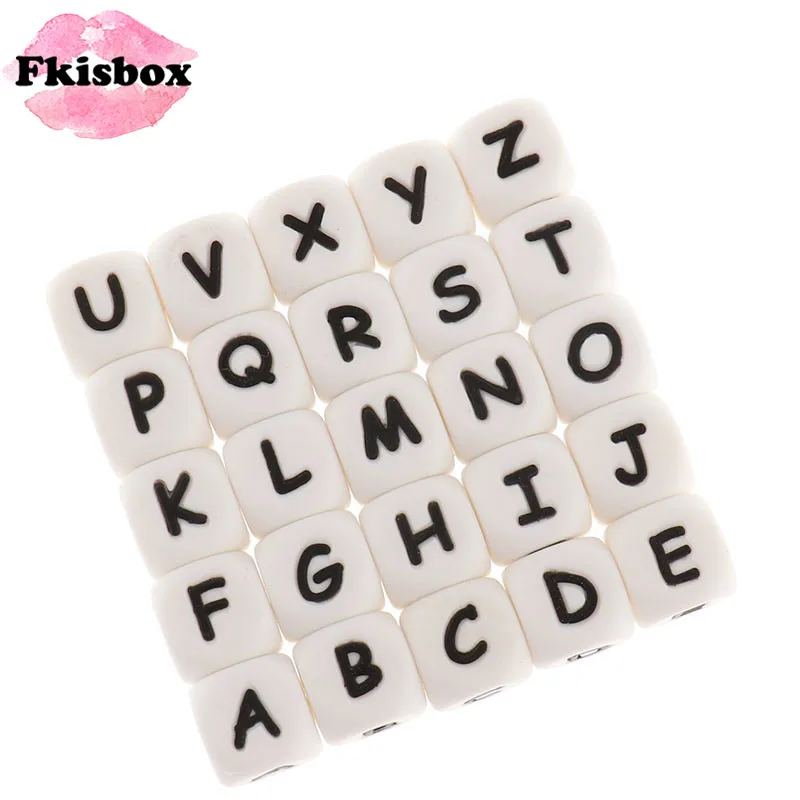 Fkisbox-Cuentas de silicona con letras del alfabeto, Cube12mm, para mascar, dentici&oacute;n, collar, joyer&iacute;a, 50 unidades-0