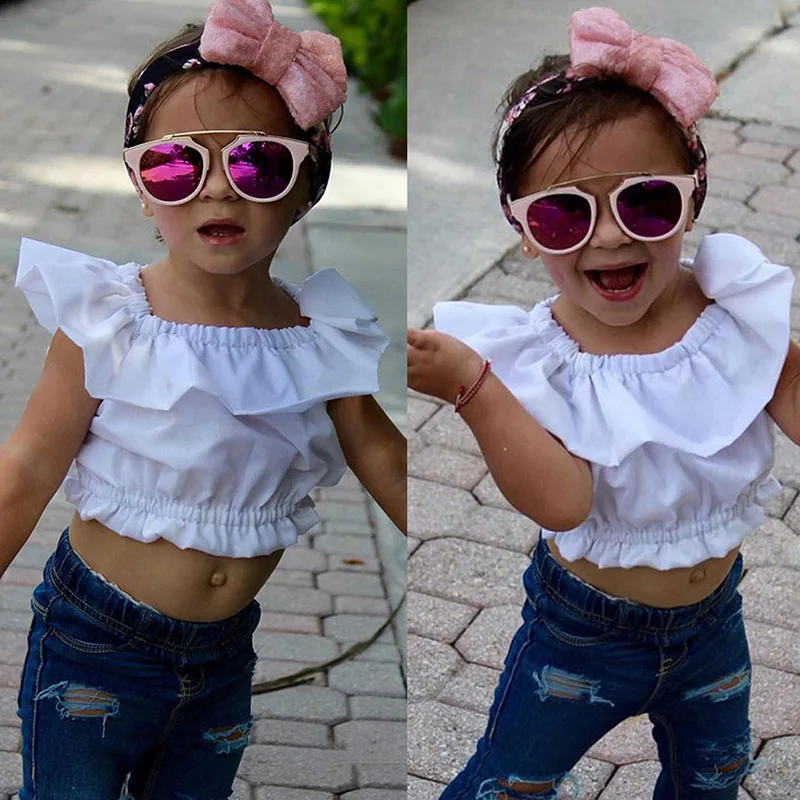 

Summer Fashion Baby Girl Clothes Sets Cotton Kids Off Shoulder T Shirt Tops+Jeans 2PCS Children Clothing Set 2 3 4 5 6 7 Years