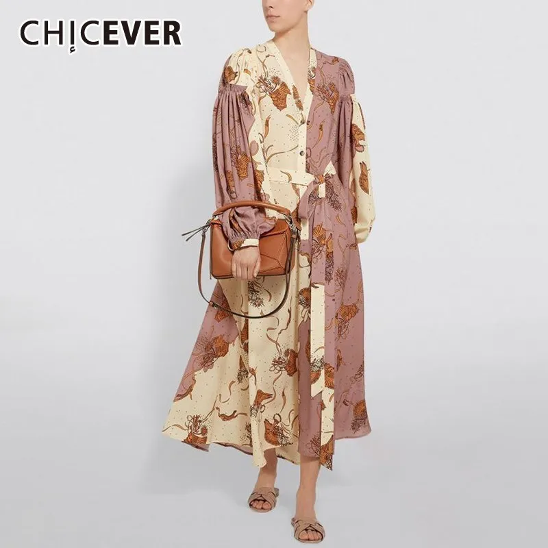 CHICEVER богемный стиль шов Асимметричный платье для женщин V шеи фонарь рукав печати