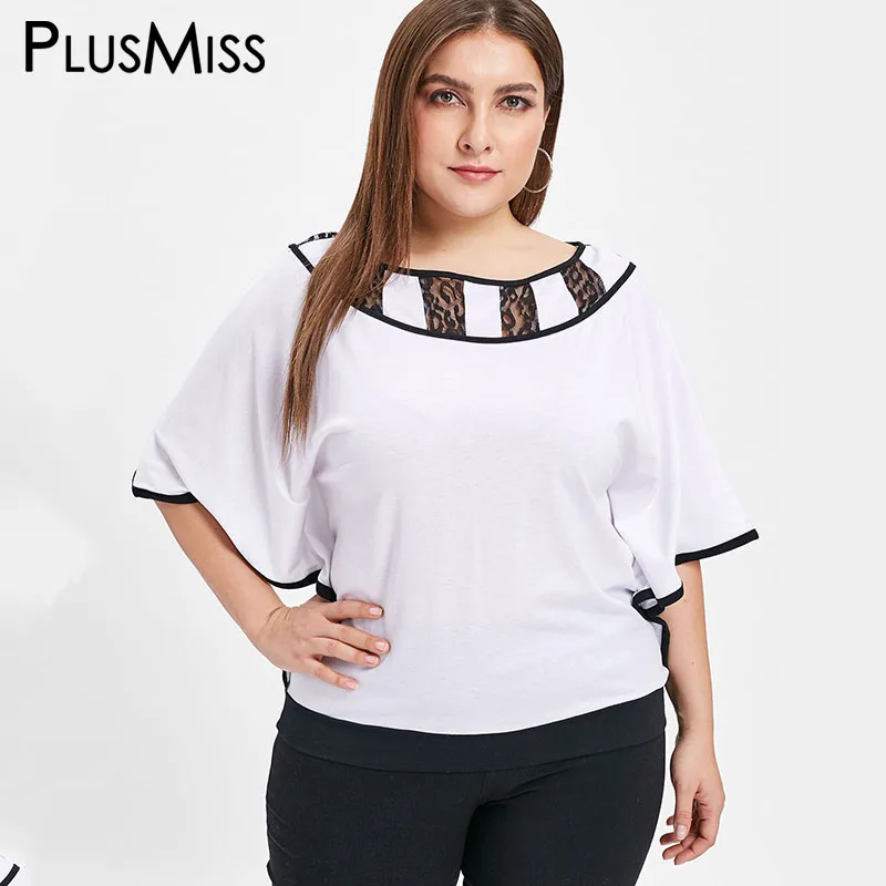 PlusMiss размера плюс XXXXXL с рукавами «летучая мышь» Сексуальная кружевная Свободная белая блузка XXXXL XXXL XXL Женская одежда летние топы дамы большой Размеры