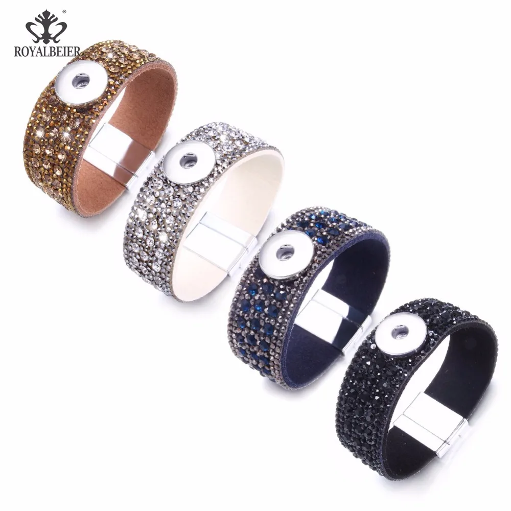 

RoyalBeier Wide Leather Snap Bracelet Magnet Cuff Bracelet 18mm Snap Button Full With Rhinestone Bracelets Women Bangle&Bracelet