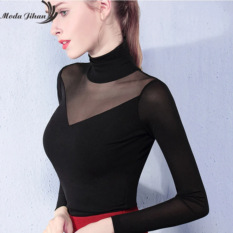 Moda Jihan Женская сетчатая нижняя рубашка растягивающийся высокий воротник