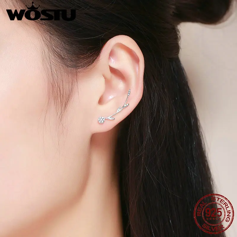 WOSTU High Quality 925 Sterling Silver Plant Shining Leaves Stud Earrings for Women Fashion Jewelry FIE266 | Украшения и