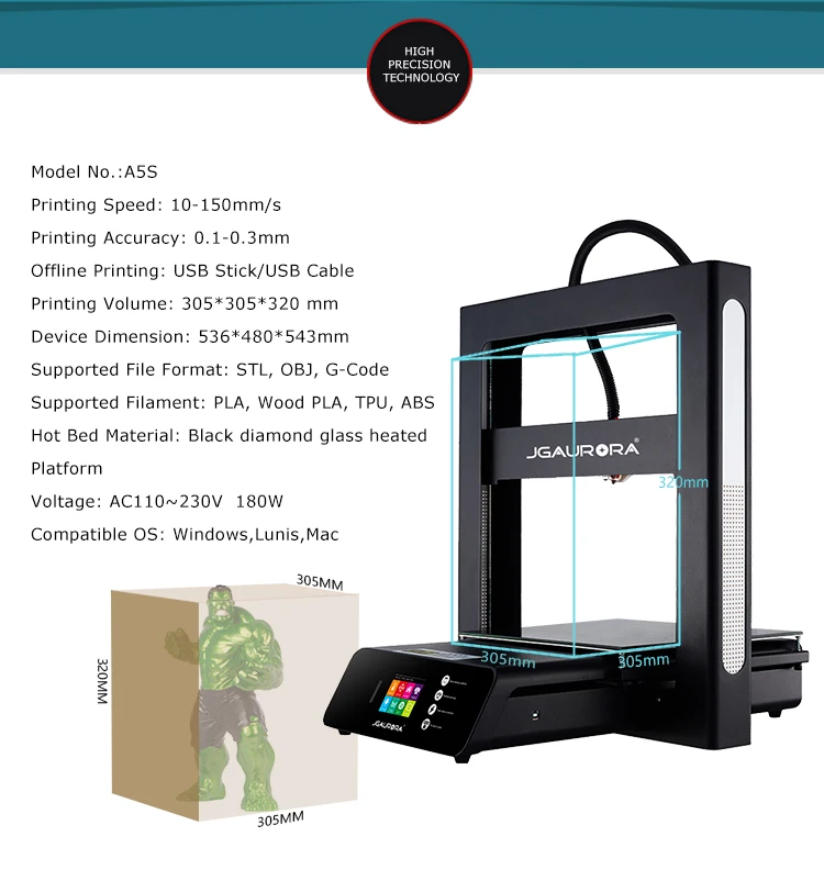 12 шт./лот JGAURORA A5S 3d принтер DIY наборы, печать, отключение питания, нити, обнаружение 3D Drucker с питанием