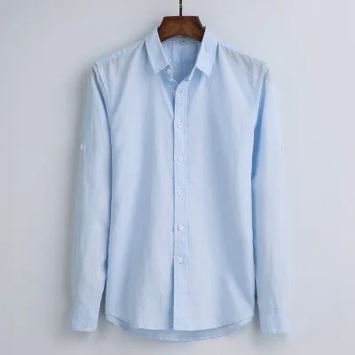 light blue Весна и осень Для мужчин модные брендовые классические Винтаж одноцветное Цвет из хлопка и льна рубашка с длинными рукавами мужской Повседневное Slim Fit shirt - Цвет: light blue