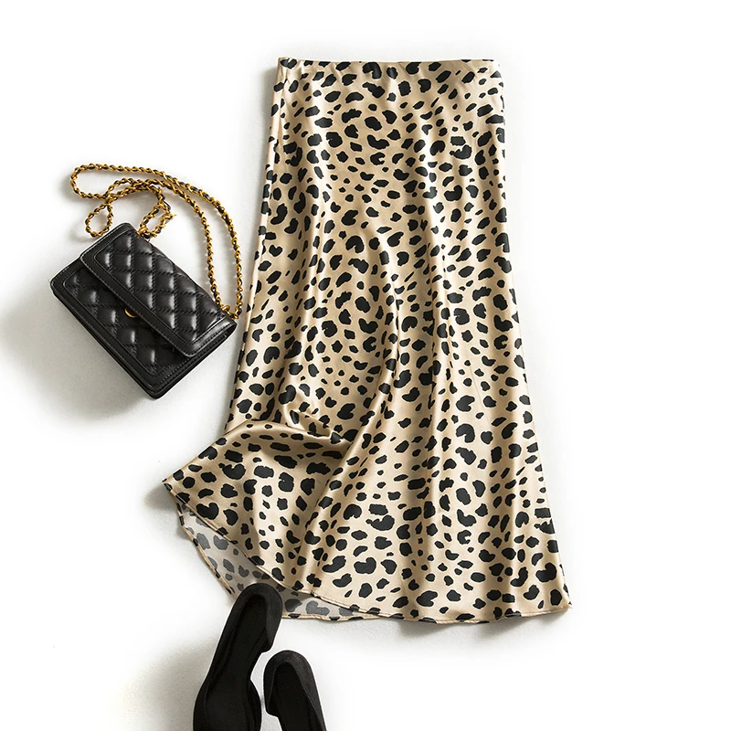 Юбки Женские простой дизайн с леопардовым принтом из 100% шелка эластичной талией