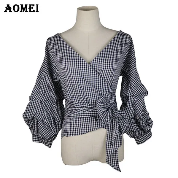 Plaid Женские красные топы с баской в мелкую клетку 3/4, Клетчатая блузка с пышными рукавами и v-образным вырезом, женские летние рубашки, женская одежда, блузы с галстуком-бабочкой - Цвет: Plaid