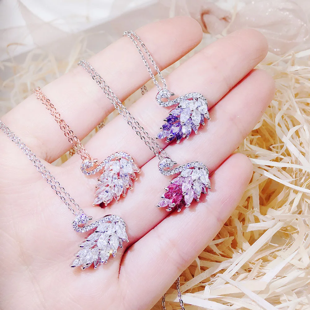 Юнь РУО кубический цирконий камень лебедь кулон ожерелье розовое золото