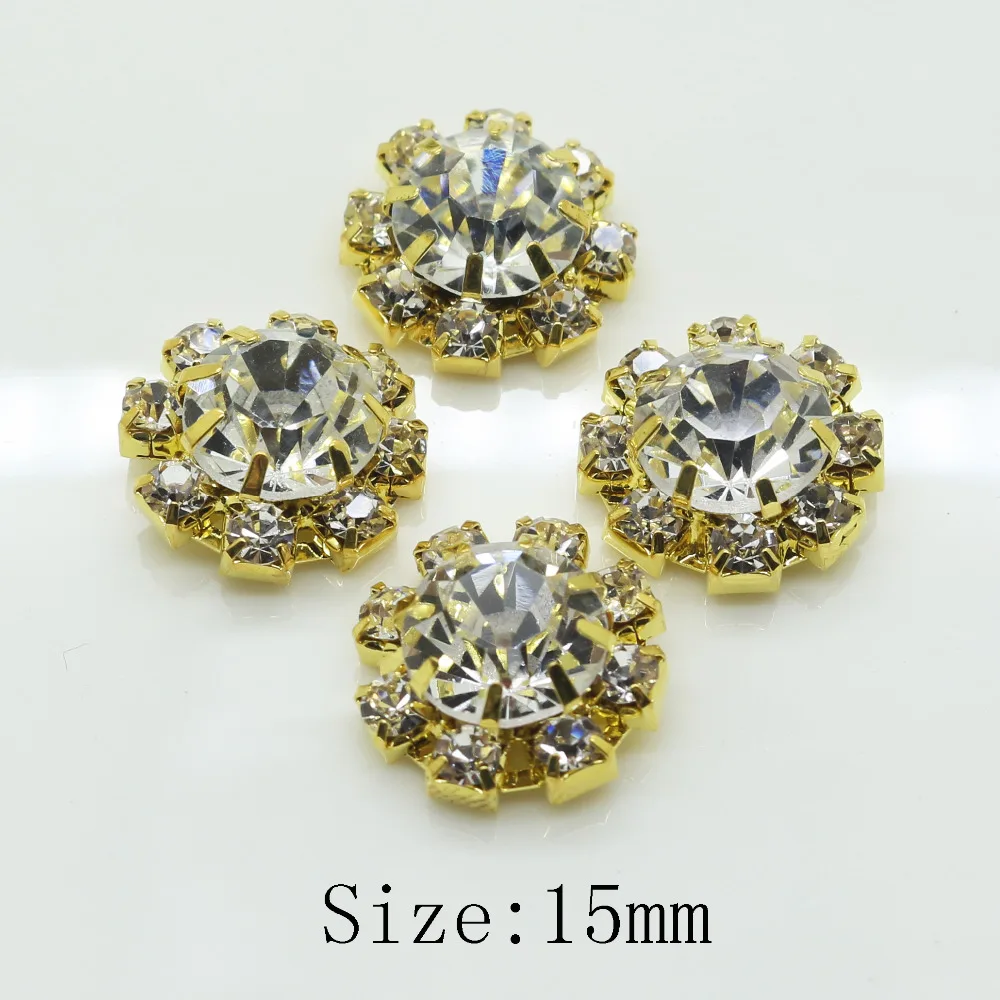 

Top quality 50pc 15mm Circularfo Clear crystal shiny crystal button golden flat back metal clothing buttons wedding decorative