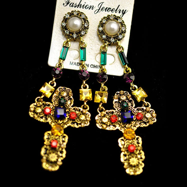 Винтаж барокко висячие серьги двойной цепи навесное жемчужные Post Цвет Кристалл