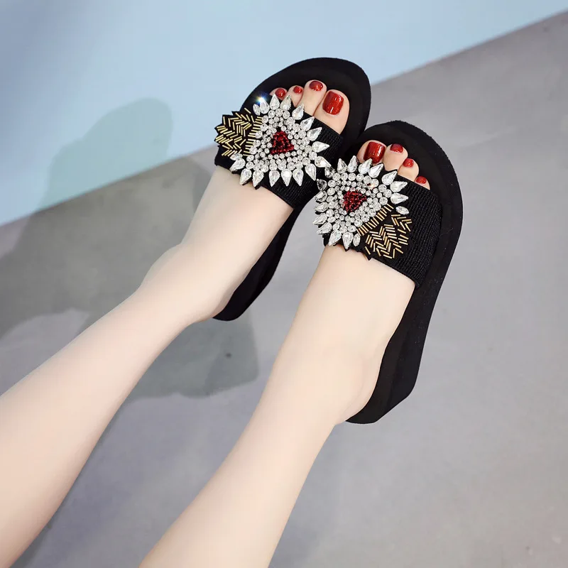 На толстой подошве Туфли украшенные кристаллами Женская летняя обувь с открытым