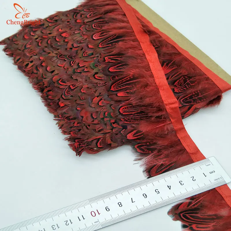 ChengBright 10Yards Red Natural Pheasant Feather Trims Wedding Dress Skirt Party Clothing Decoration DIY Feather Ribbon Craft