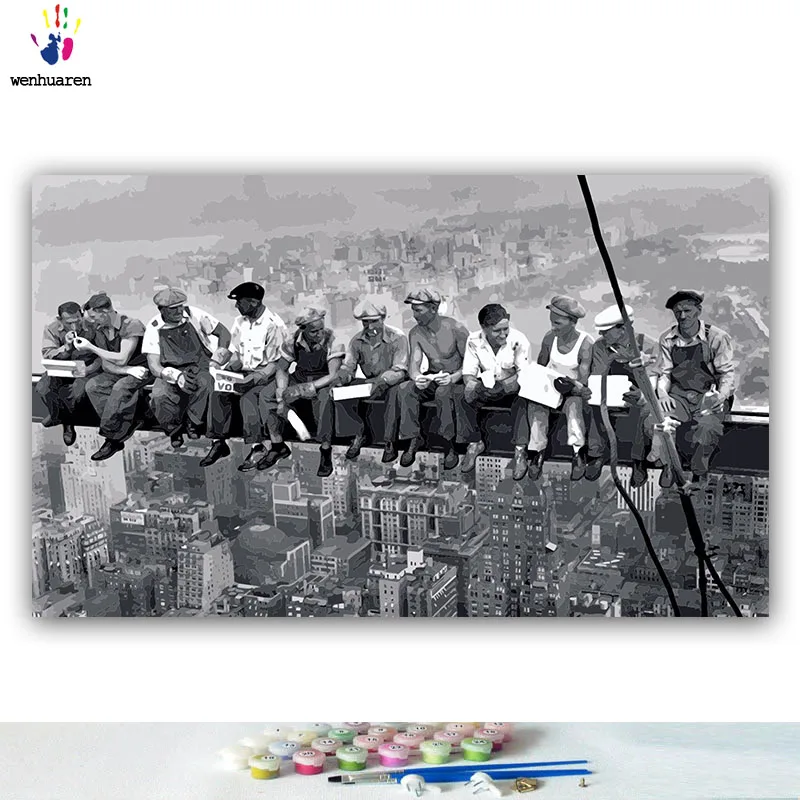 DIY colorings pictures by numbers with colors Lunch atop a Skyscraper picture drawing painting framed Home | Дом и сад