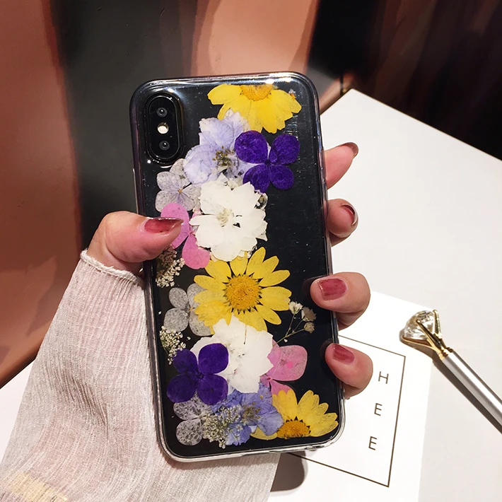 Qianliyao настоящие сухие чехлы для телефонов с изображением цветов для iPhone 7 мягкий чехол для iPhone X XS XR XS Max 6 6s 7 8 plus 11 Pro Max чехол ручной работы