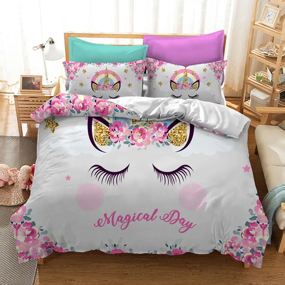Thumbedding Dancing Long Hair Unicorn Bedding Set Cartoon 100% Microfiber Twin Full Queen King 3D Duvet Cover With Pillowcase | Дом и сад