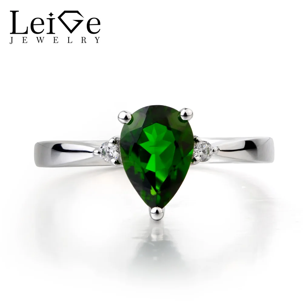 Кольцо для свадьбы Leige Jewelry Diopside из настоящих натуральных хромовых грушевидных зеленых драгоценных камней, выполненное из твердого серебра 925 пробы, подарки.