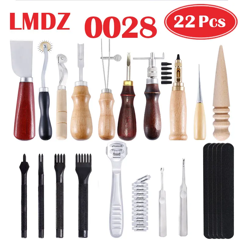 0028 22Pcs 1Set LMDZ Наборы инструментов для кожевенного ремесла, Ручное шитье, инструмент для шитья, седло, грувер-пробойник, набор инструментов, дерево, металл - Цвет: 0028 22Pcs 1Set