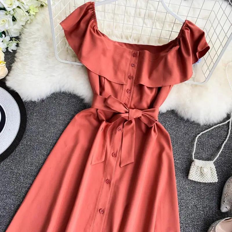 Summer lotus leaf collar single-breasted pocket waist strap dress 2019 new fashion women's adult clothing | Женская одежда