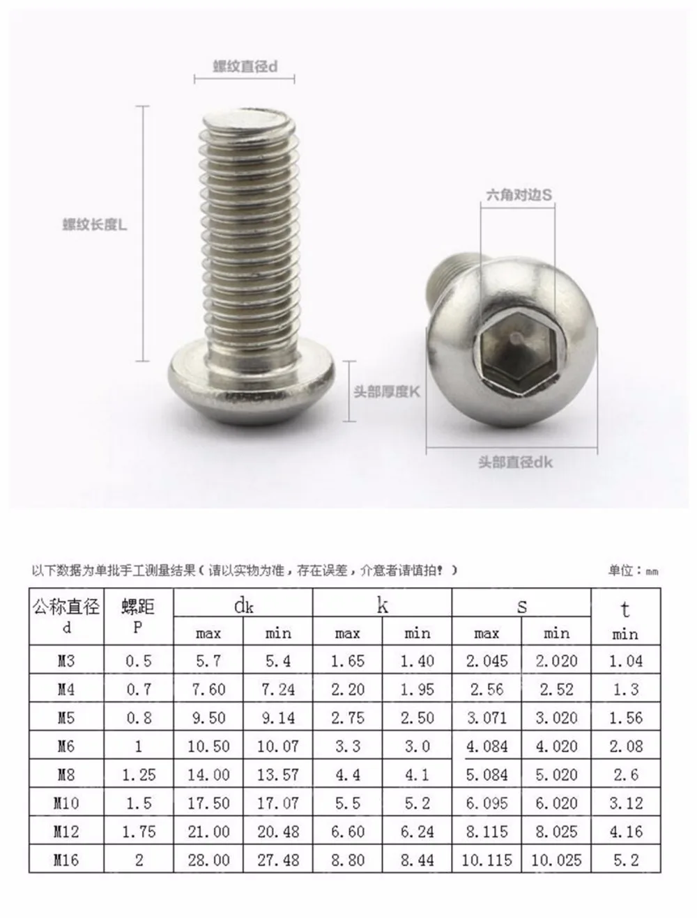 

10PCS M8 Stainless Steel Allen Button Dome Head Screw Round Head Bolts Mushroom Head Bolt M8*50/55/60/65/70/75/80/90mm