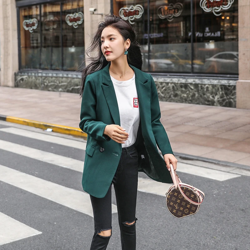Однотонный женский свободный костюм в британском стиле темно-зеленый пиджак и