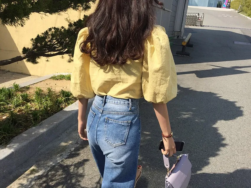 Summer 2019 New Vintage Puff Sleeve Casual Top Yellow O Neck Office Blouse Single Breasted Elegant Shirts |