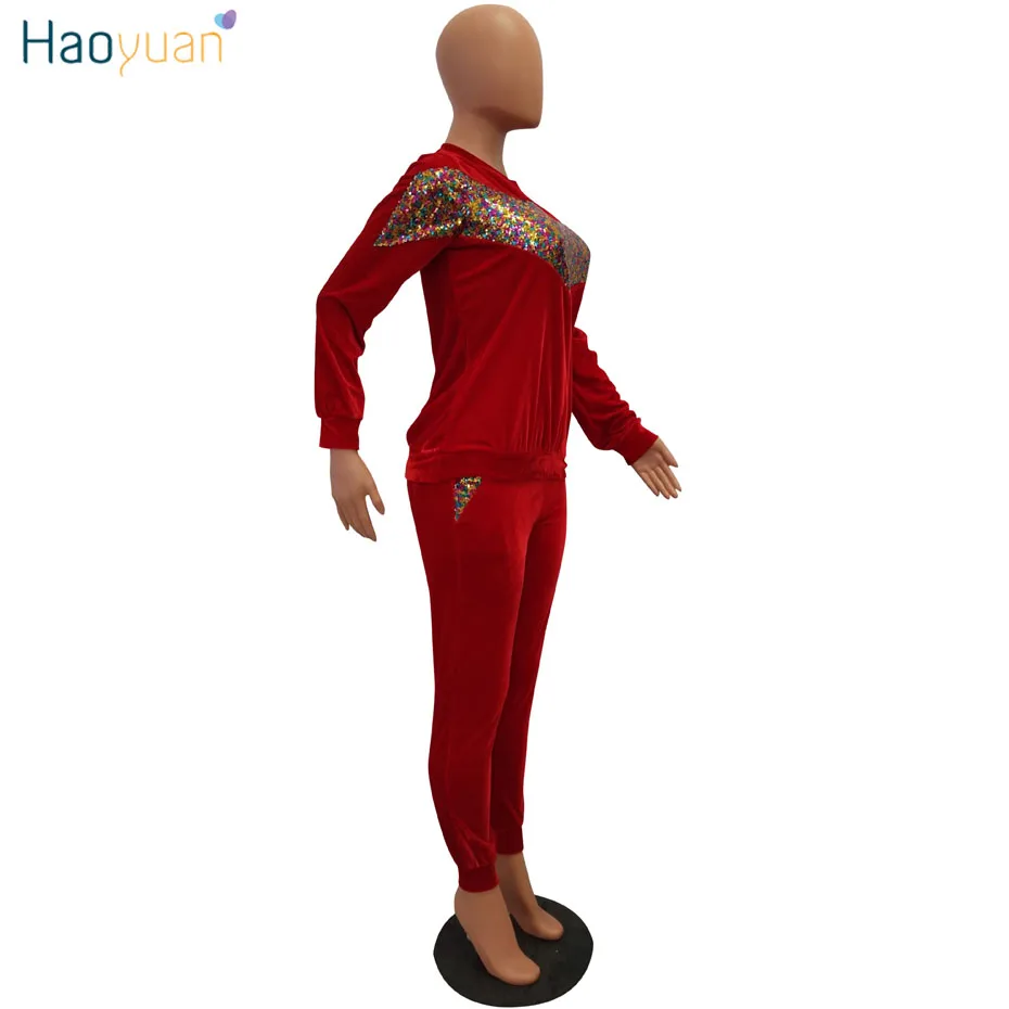 HAOYUAN осенне-зимний женский комплект из двух предметов, Бархатные Топы с блестками и штаны, костюм, повседневная одежда, комплекты из 2 предметов, велюровый спортивный костюм