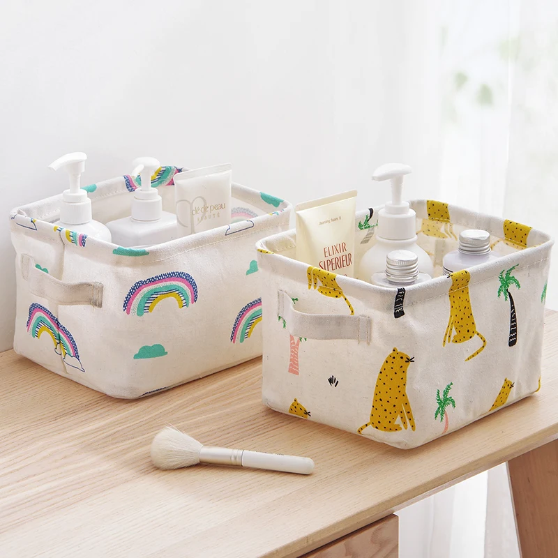 Storage Basket DIY Office Desktop Organize Folding Linen Toy Storage Box Pastoral Floral Animal Jewelry Makeup Organizer Baskets