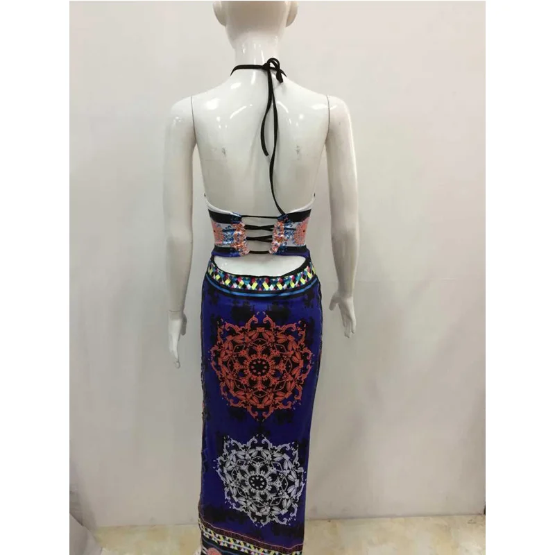 Новый bodycon платья для женщин лето бинты Макси 2017 синий с плеча цветы hollow назад