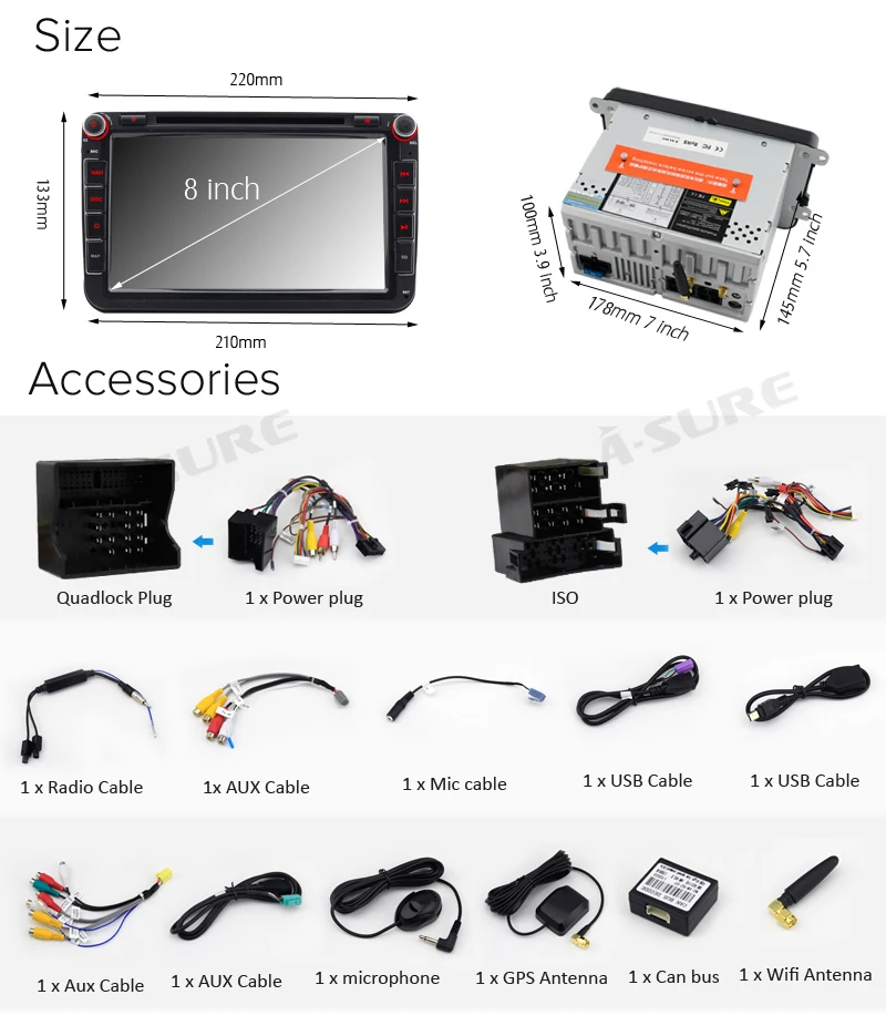 A-Sure 8&quot Android 7.1 Car DVD player 2G+16G for Volkswagen VW Tiguan Polo Golf 5 6 Passat B6 Jetta Transporter T5 DAB+ Radio |