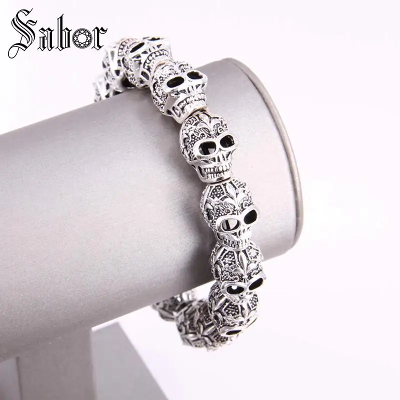 Браслет с узором лилии и бусинами в виде черных черепов новинка модные ювелирные